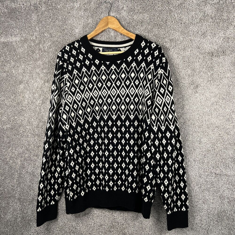 Nautica Sweater Mens Large Black Diamond Print Long Sleeves Round Neck Cotton